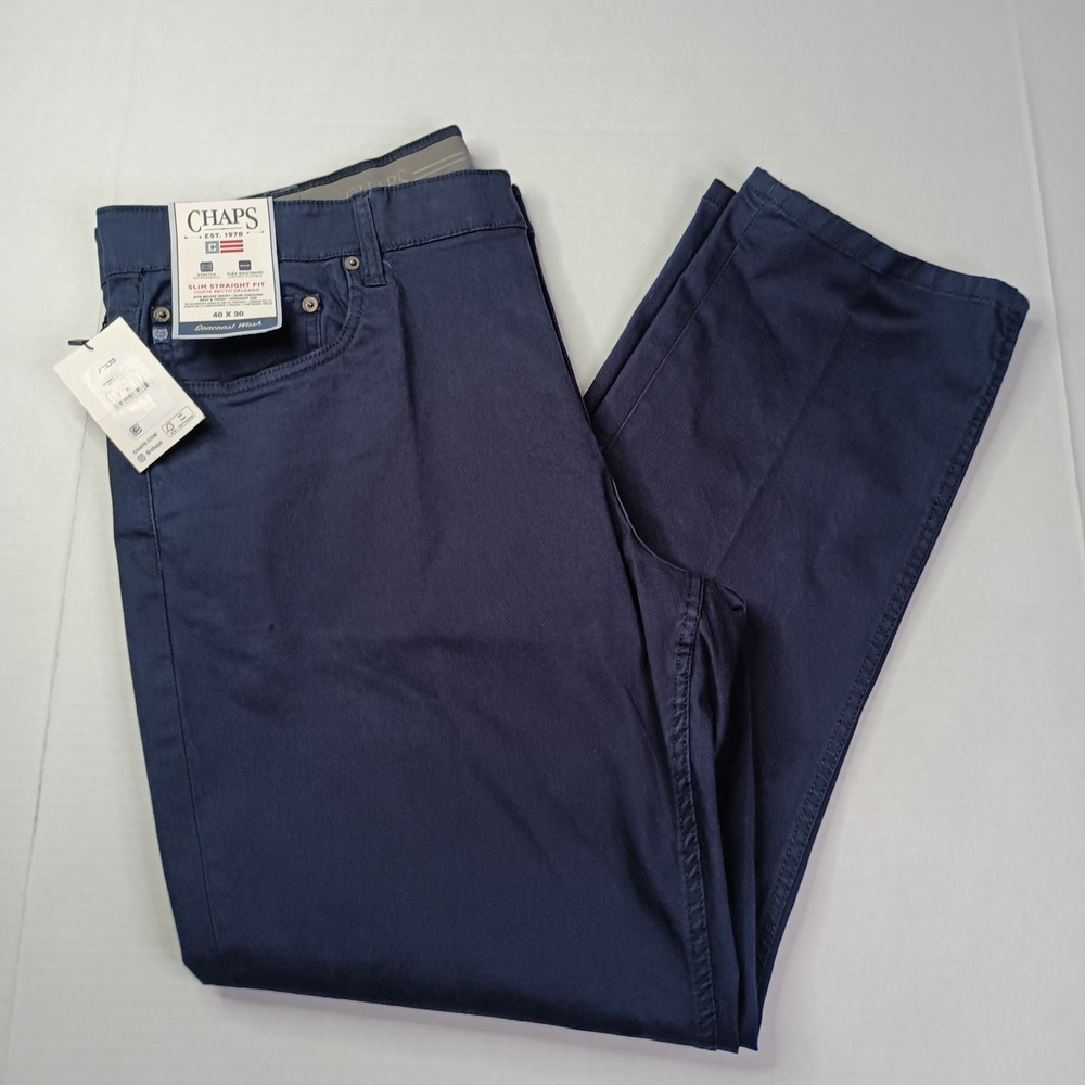 Chaps 5-Pocket Twill Pants Men's Size 40x30 Navy Blue Slim Straight Fit Stretch